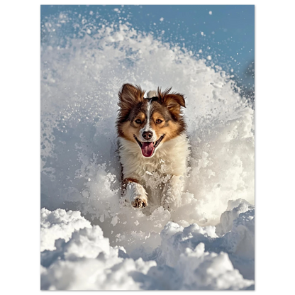 Energisk hund i snömoln, detaljrik poster för hundälskare i vardagsrum