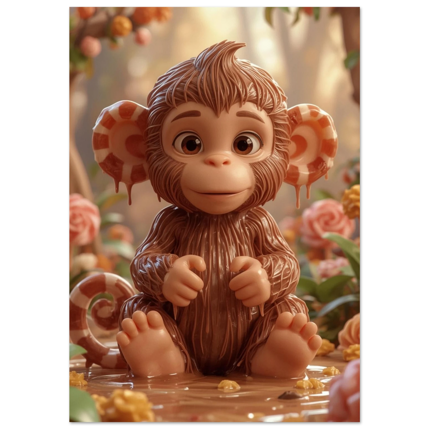 Ljusbrun karamellapa med polkagrisöron i ett drömskt godislandskap – 3D-illustration