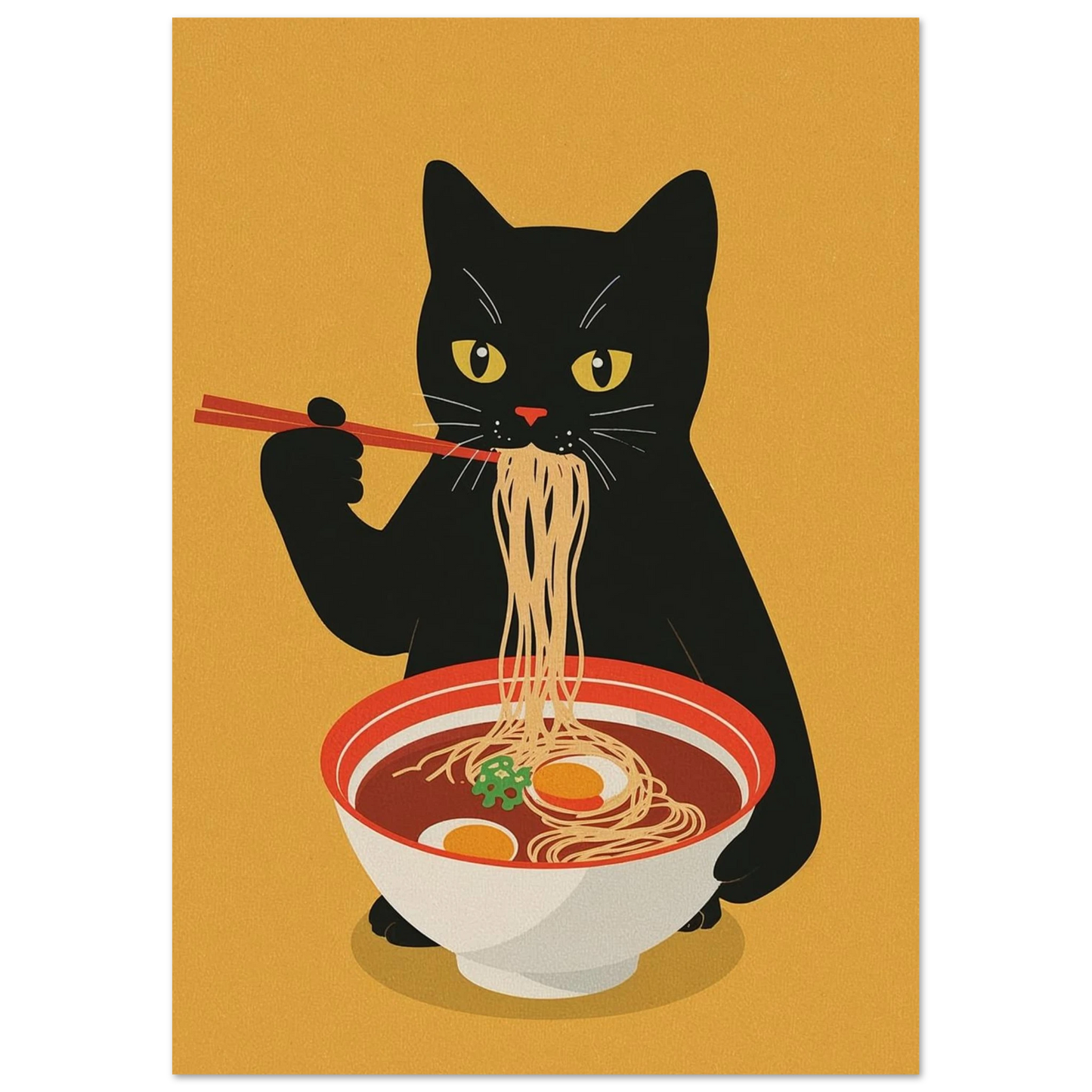 Minimalistisk konst föreställande en svart katt och ramennudlar – Tecknad poster