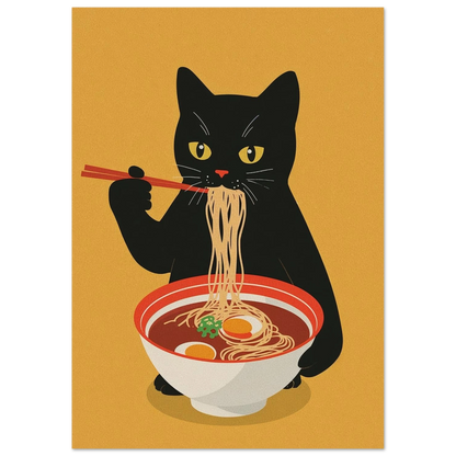 Minimalistisk konst föreställande en svart katt och ramennudlar – Tecknad poster
