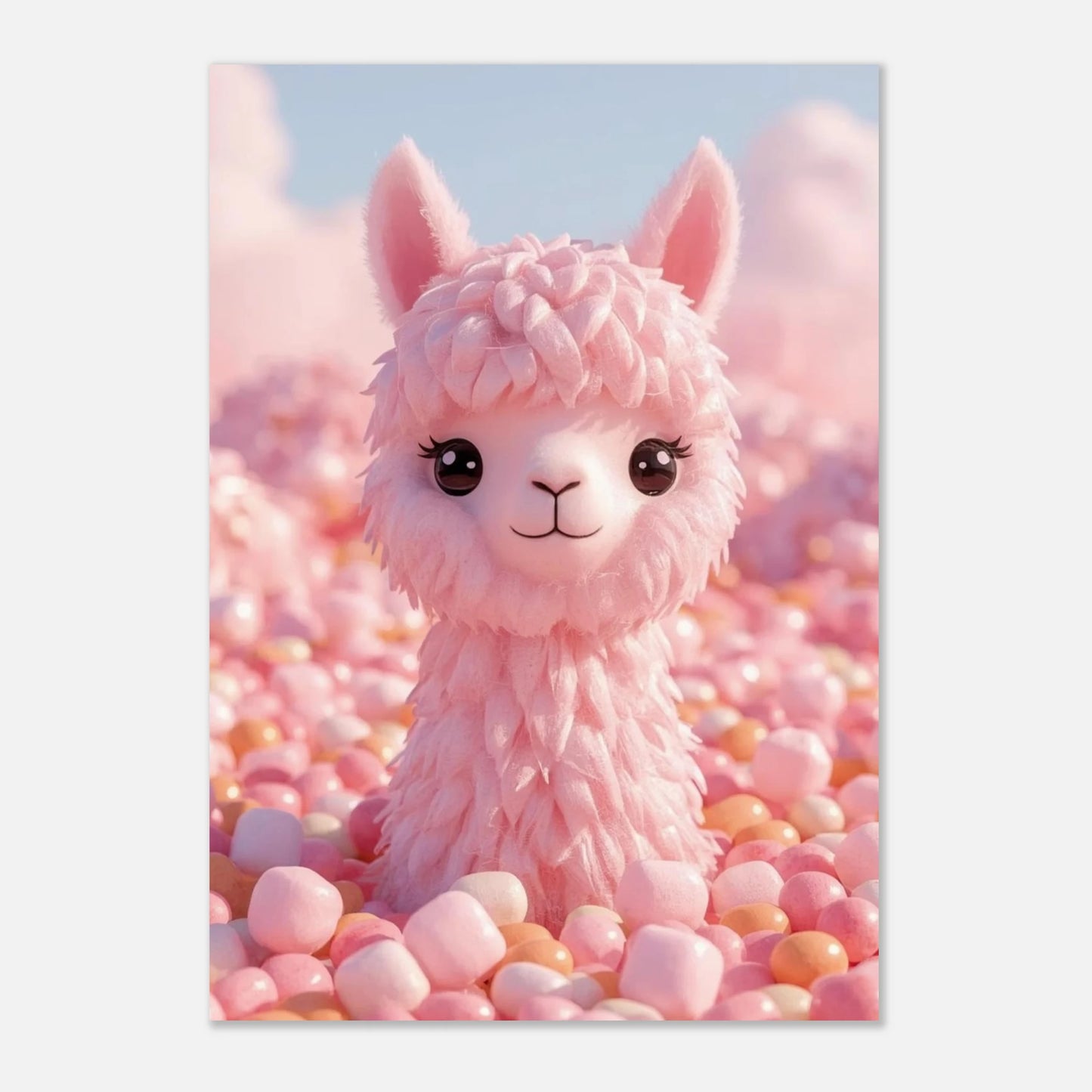 Konstnärlig barnposter föreställande en mjuk alpacka i ett hav av marshmallows