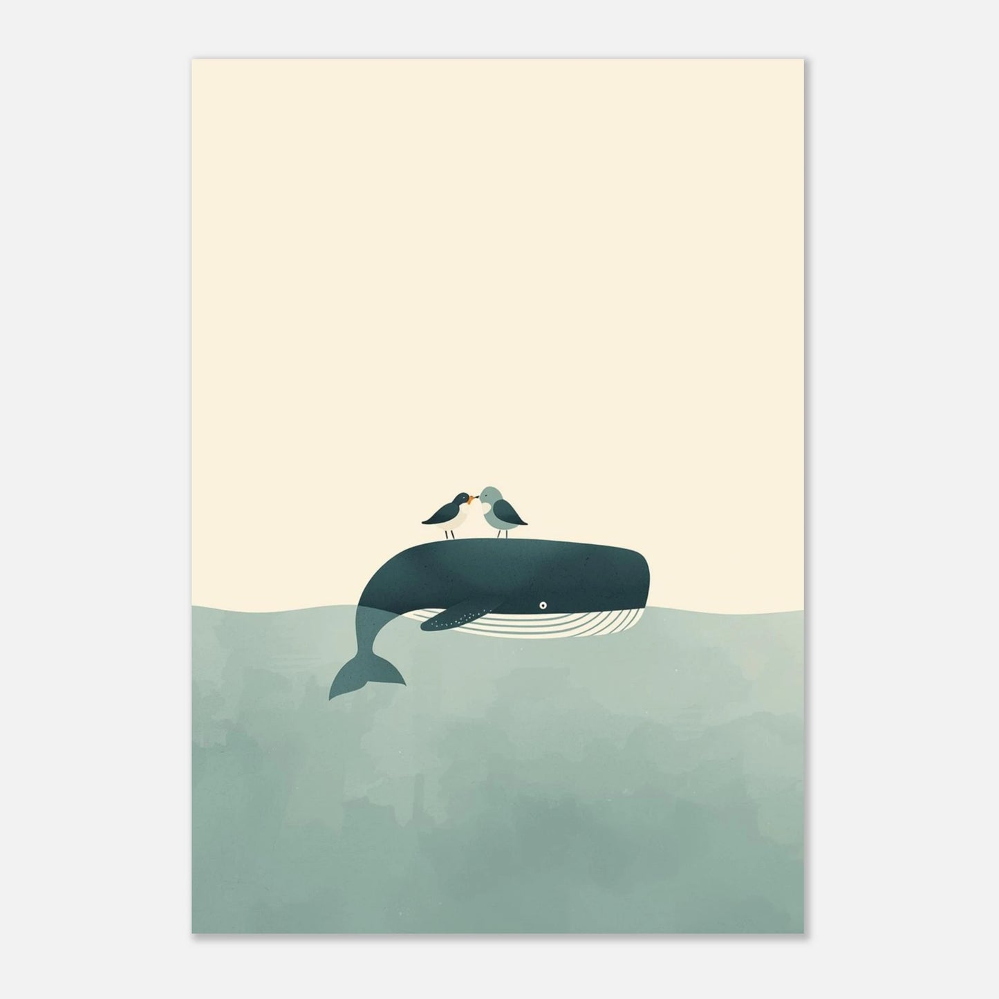 Modern illustration av en stor val i havet, lekfullt djurmotiv