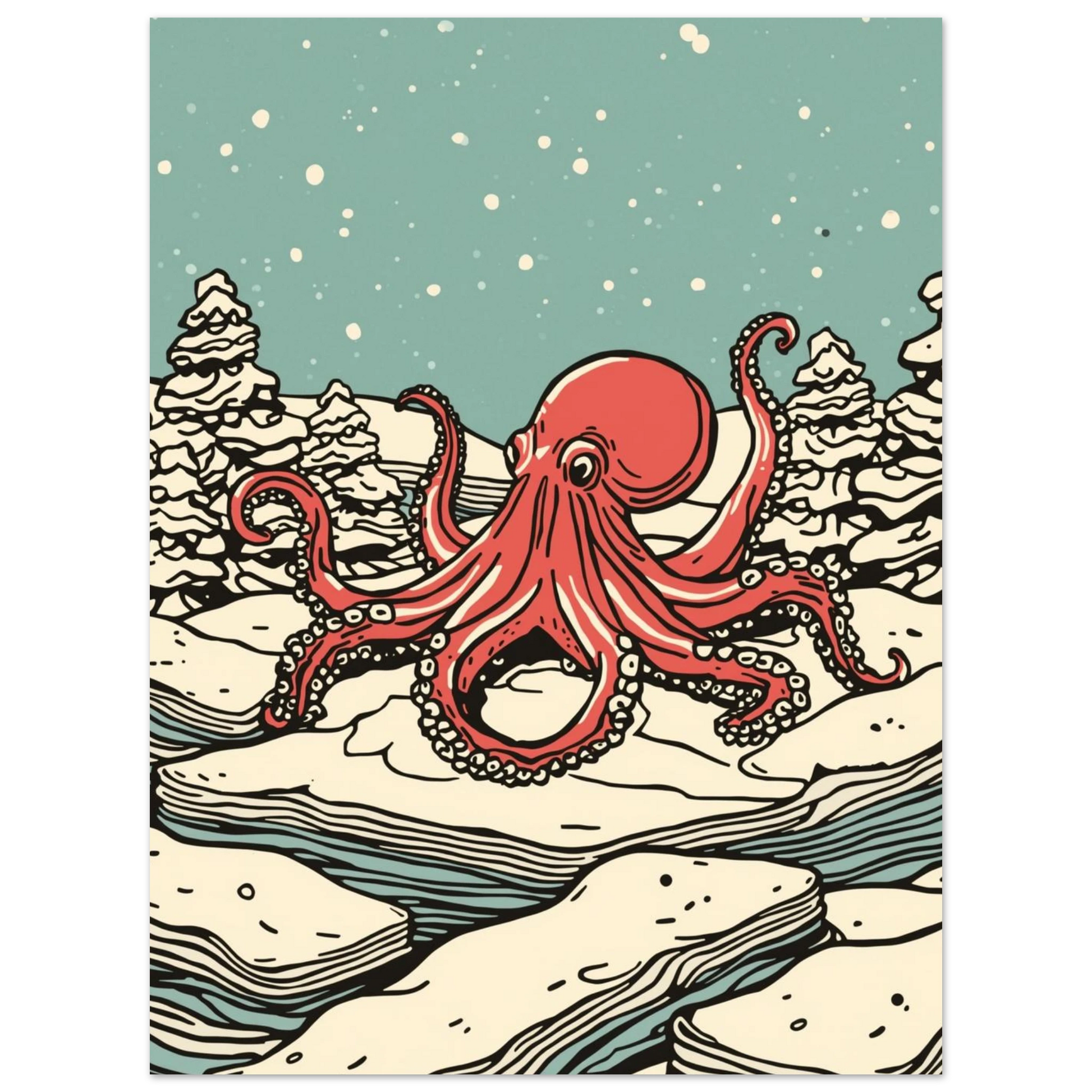 Konstnärlig illustration av en bläckfisk som vilar på havsis