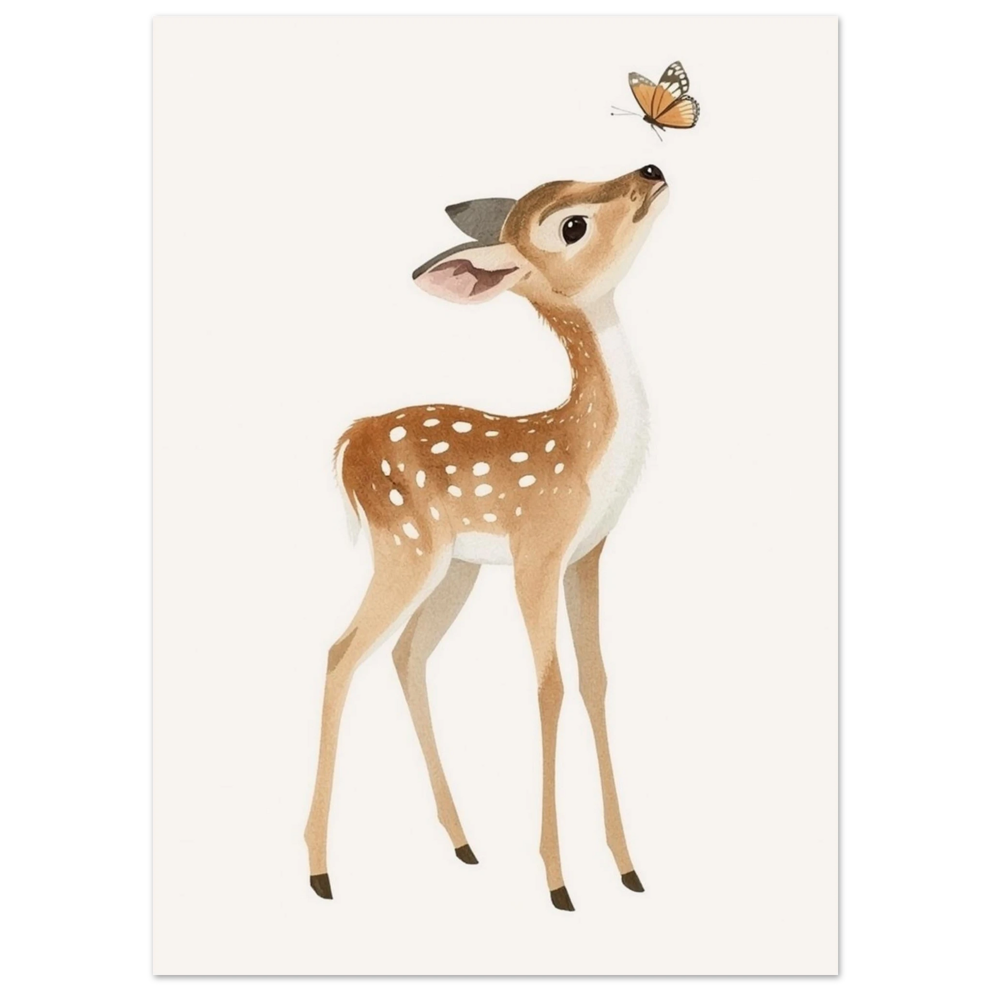 Tecknat rådjurskid med fjäril i närbild, från en lätt vinkel – Tecknad poster