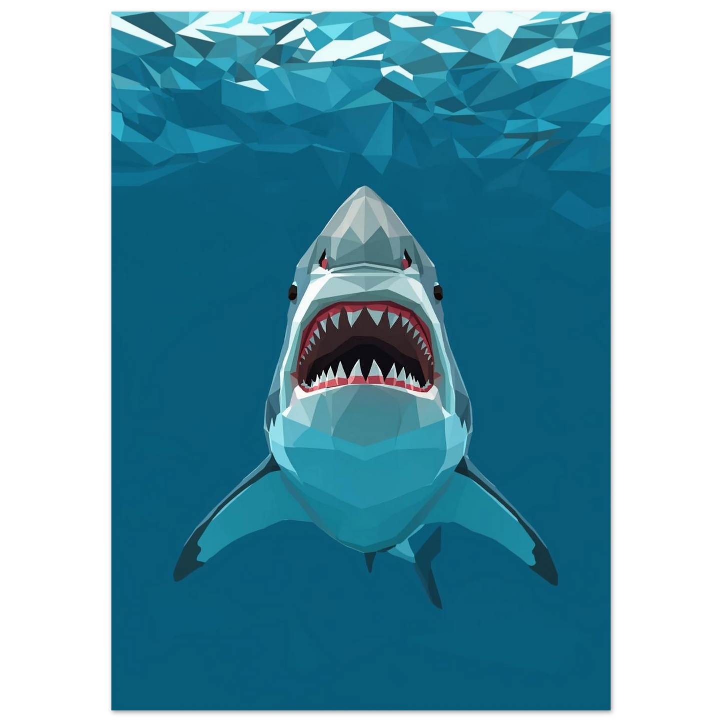 Modern low poly-poster föreställande en haj under havsytans geometriska ljus