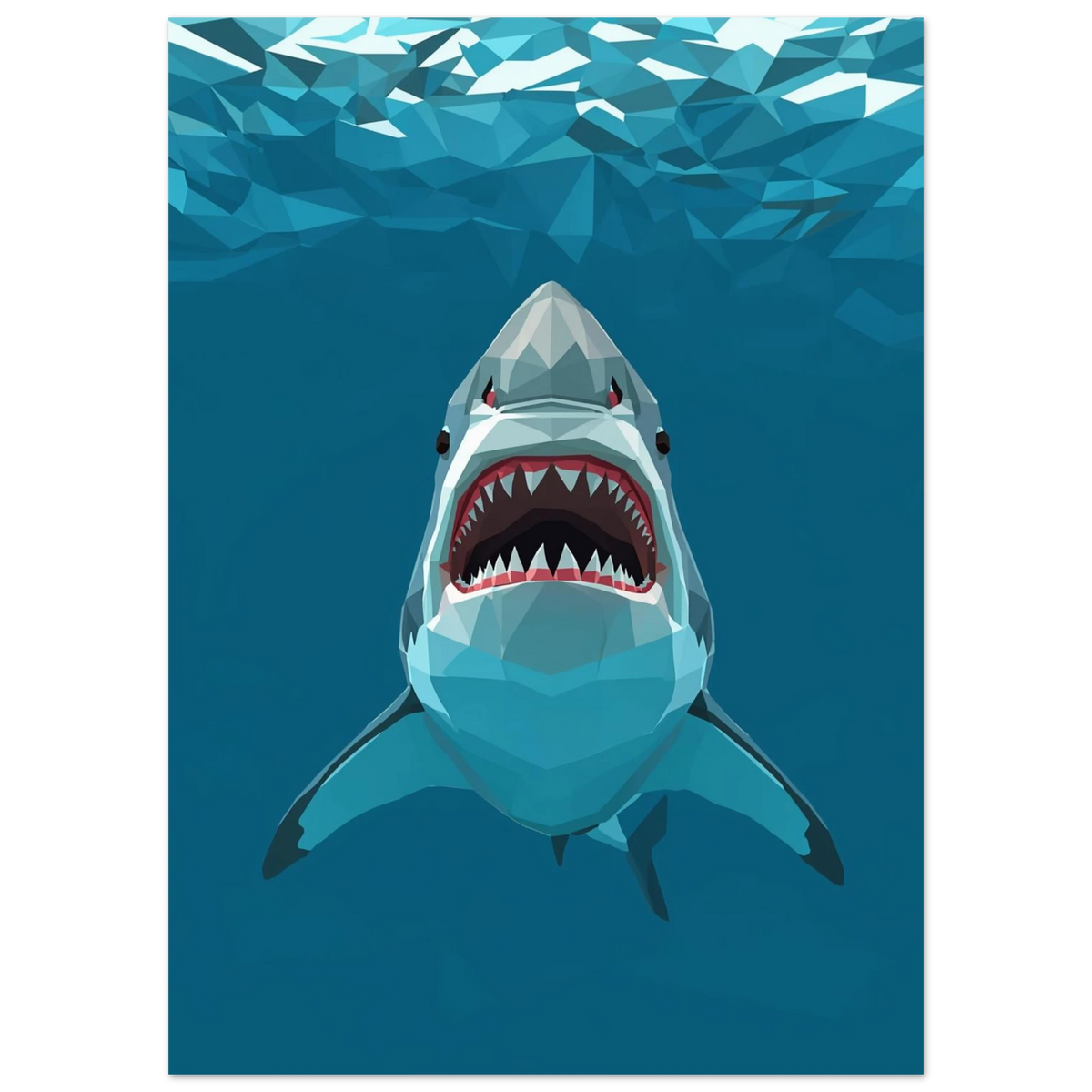Modern low poly-poster föreställande en haj under havsytans geometriska ljus