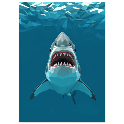 Modern low poly-poster föreställande en haj under havsytans geometriska ljus