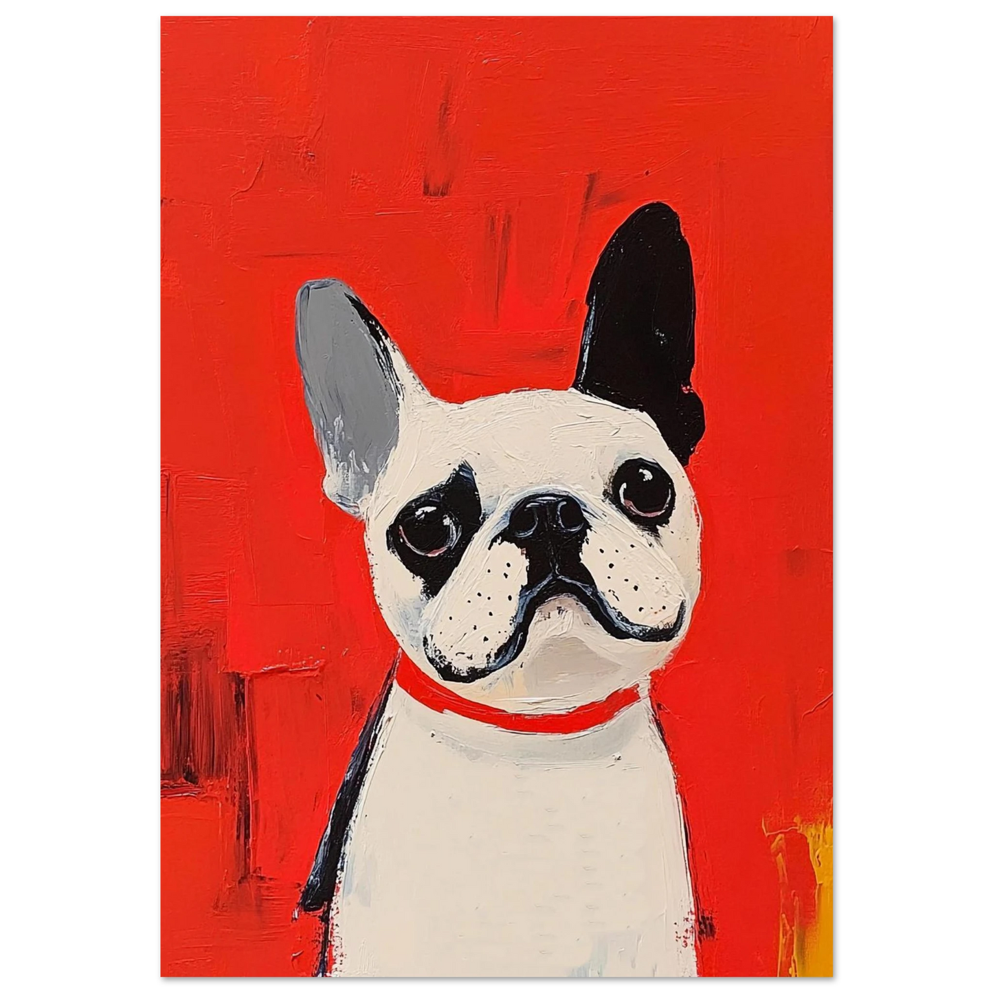 Fransk bulldog med rött halsband i expressionistisk oljemålning mot röd bakgrund