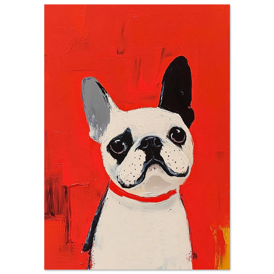 Fransk bulldog med rött halsband i expressionistisk oljemålning mot röd bakgrund