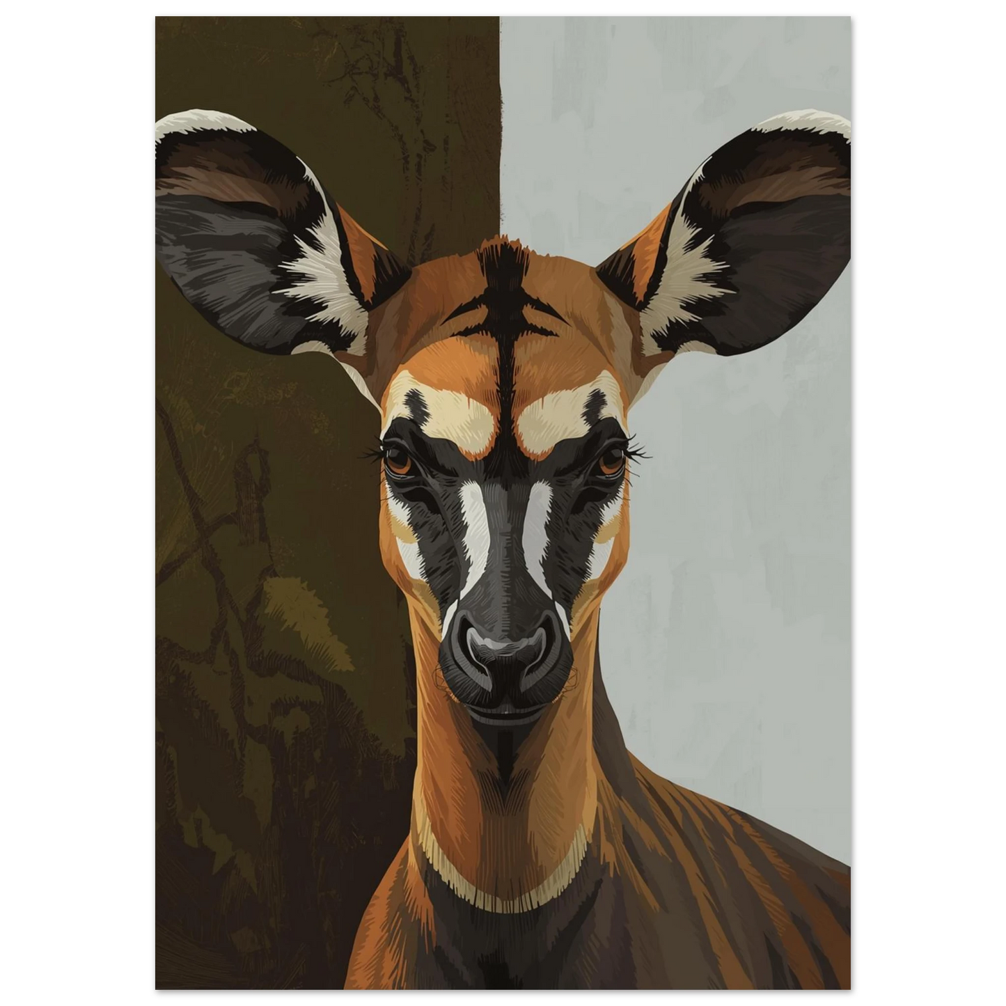 Konstnärlig illustration av en okapi med bruna och vita detaljer