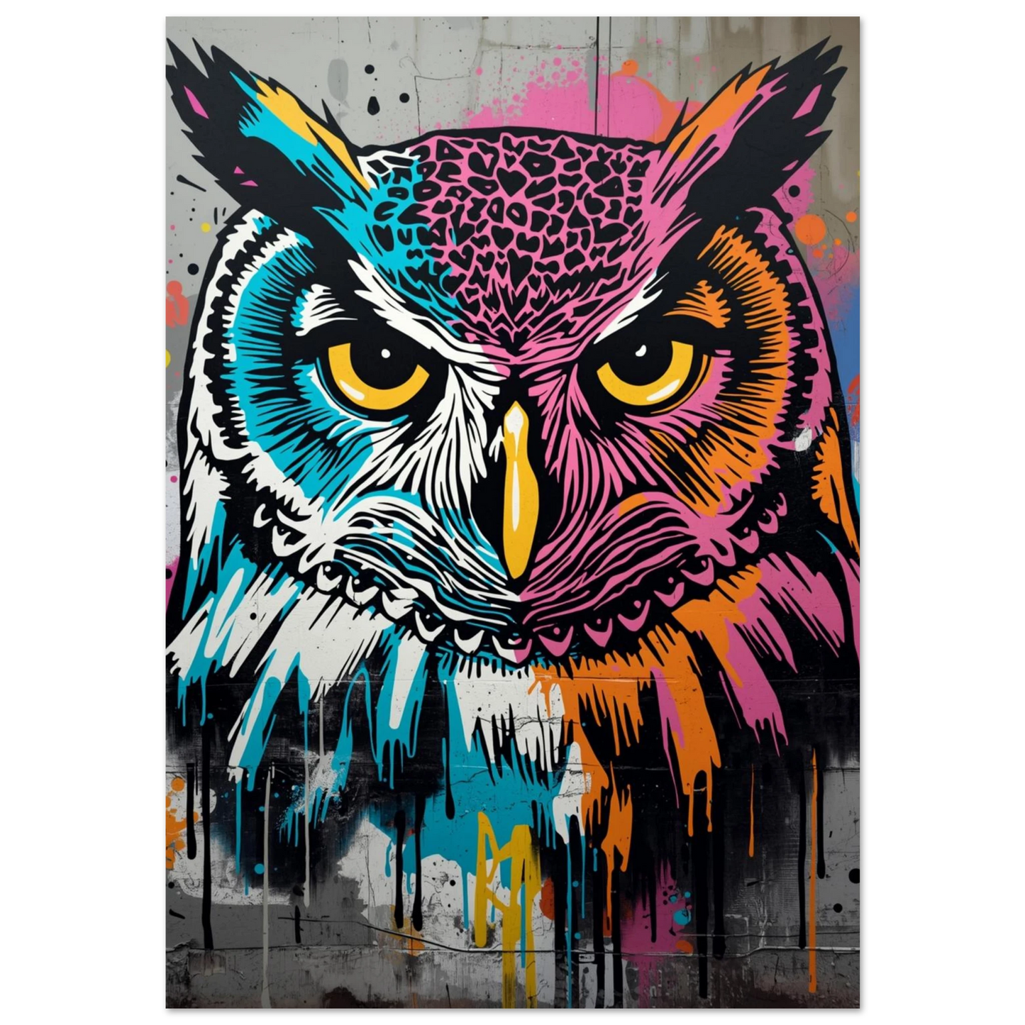 Färgstark uggla i graffitistil med neonrosa och turkosa stänk – djurposter
