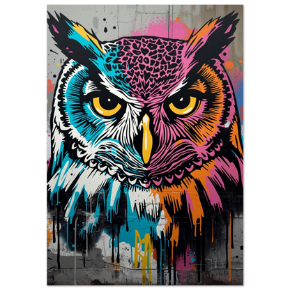 Färgstark uggla i graffitistil med neonrosa och turkosa stänk – djurposter