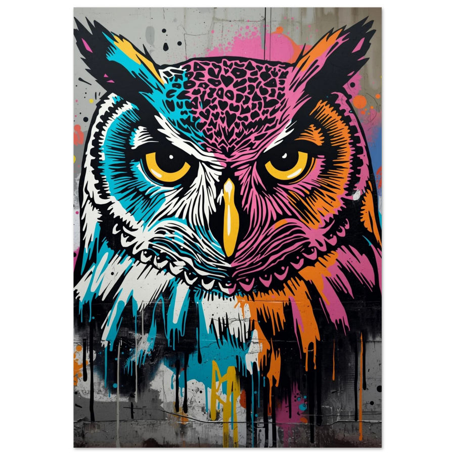 Färgstark uggla i graffitistil med neonrosa och turkosa stänk – djurposter