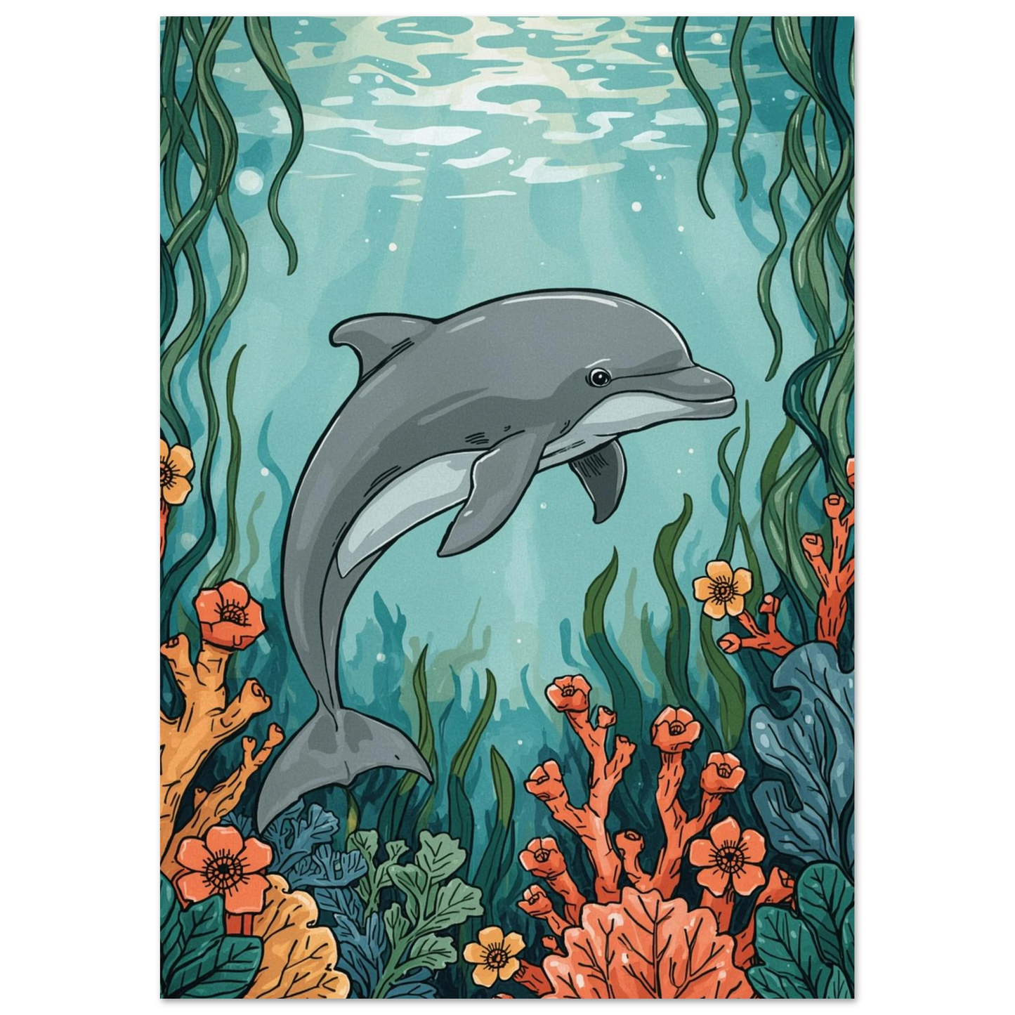 Stiliserad delfin omgiven av färgstarka havsblommor och korallrev, marin konst