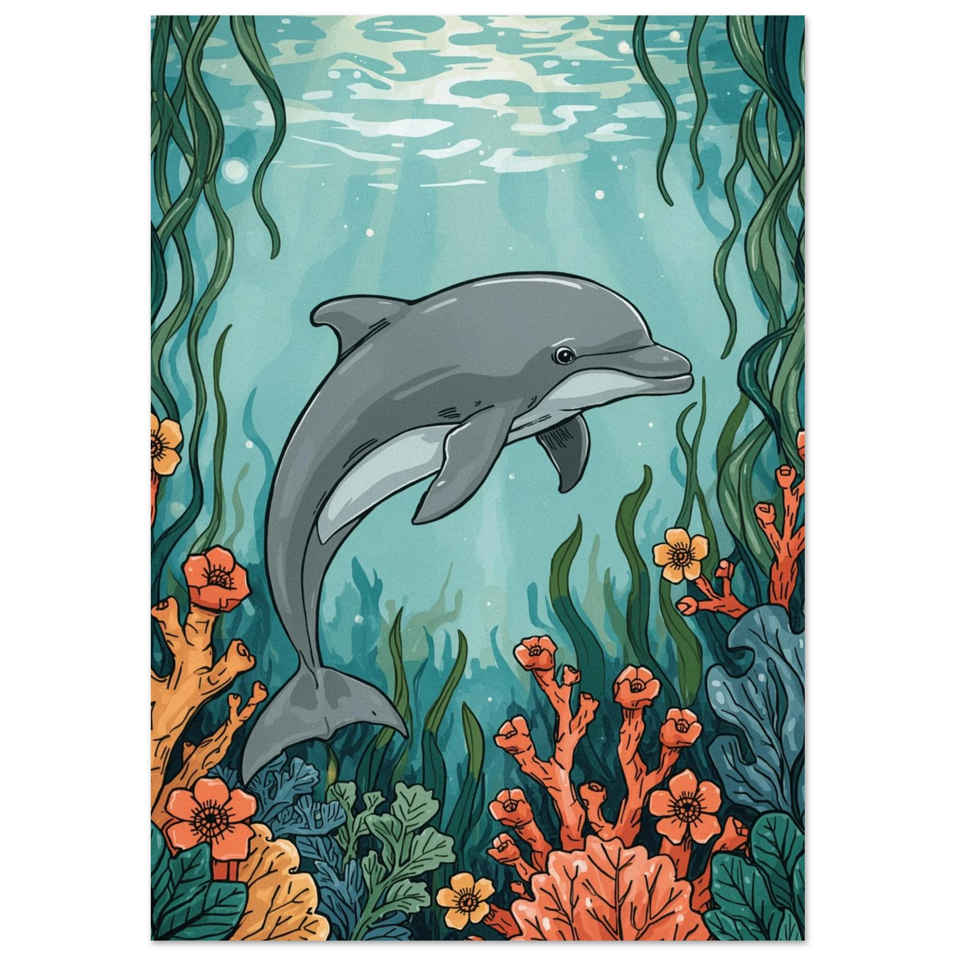 Stiliserad delfin omgiven av färgstarka havsblommor och korallrev, marin konst