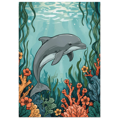 Stiliserad delfin omgiven av färgstarka havsblommor och korallrev, marin konst
