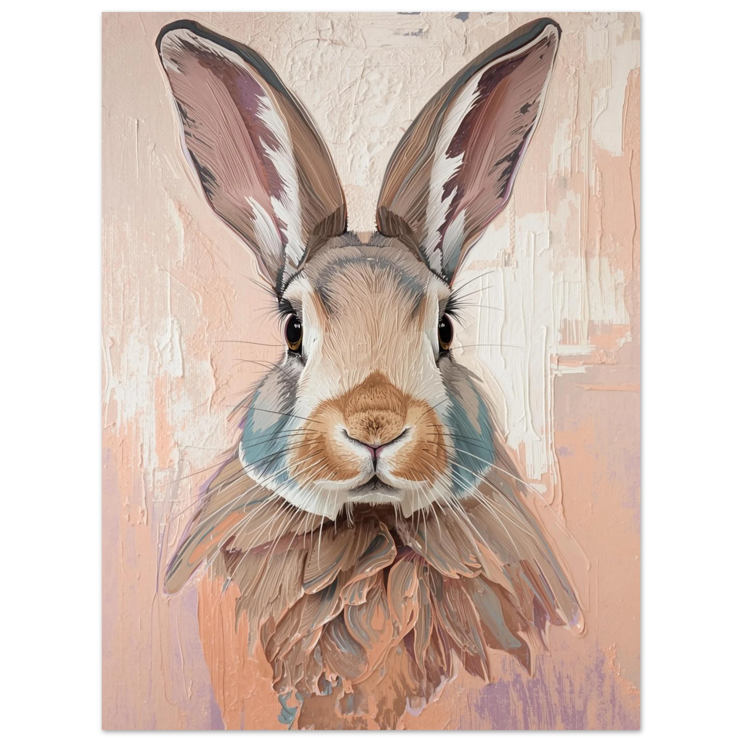 Taktilt porträtt av en kanin med nyfiken blick, beige och vit canvas