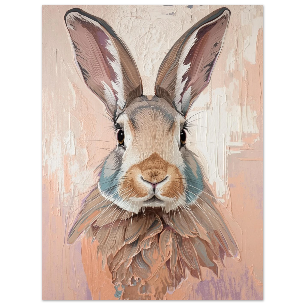 Taktilt porträtt av en kanin med nyfiken blick, beige och vit canvas