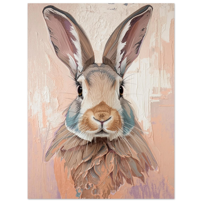 Taktilt porträtt av en kanin med nyfiken blick, beige och vit canvas