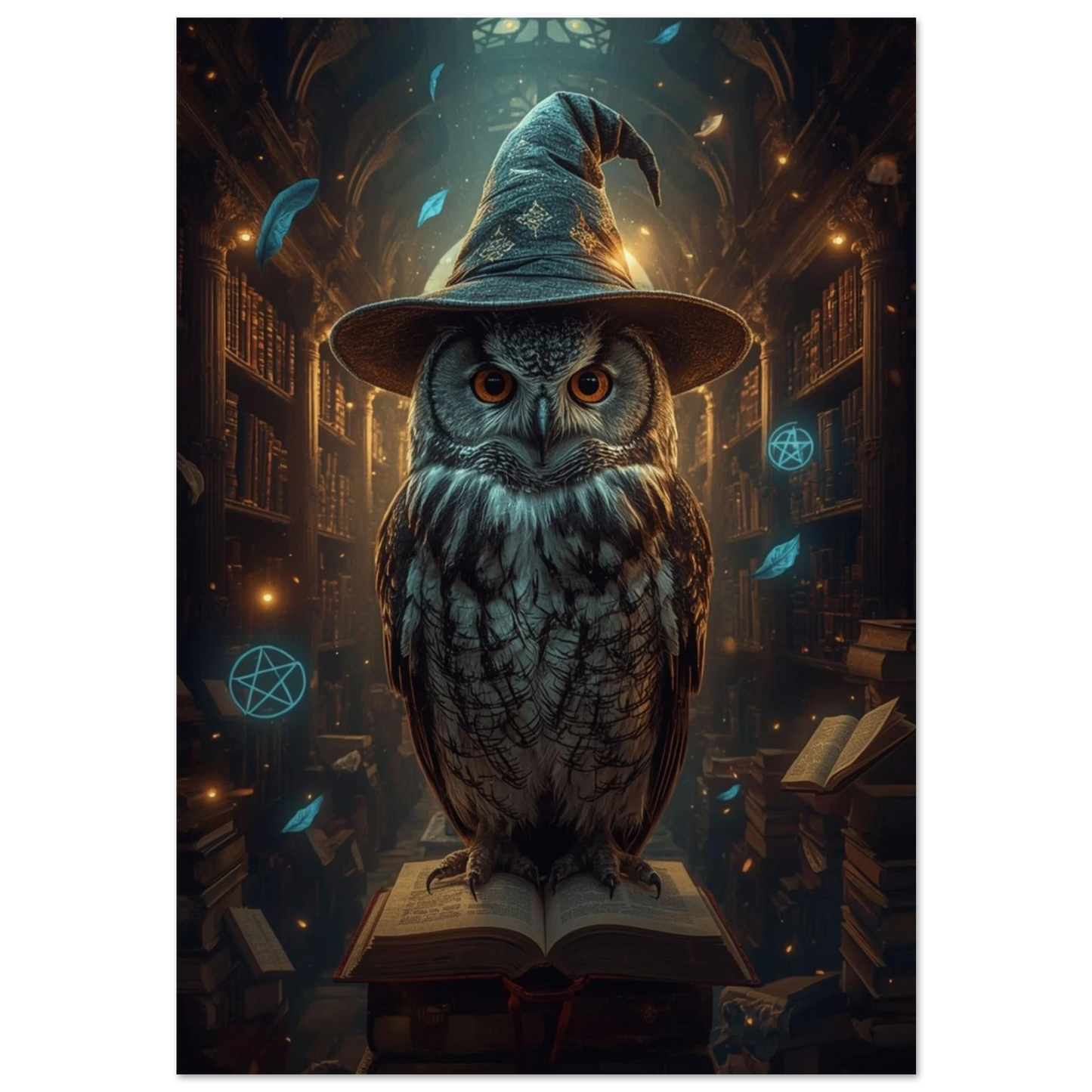 Uggla i trollkarlshatt på en bok i ett mörkt bibliotek – fantasy-poster
