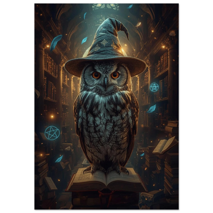 Uggla i trollkarlshatt på en bok i ett mörkt bibliotek – fantasy-poster