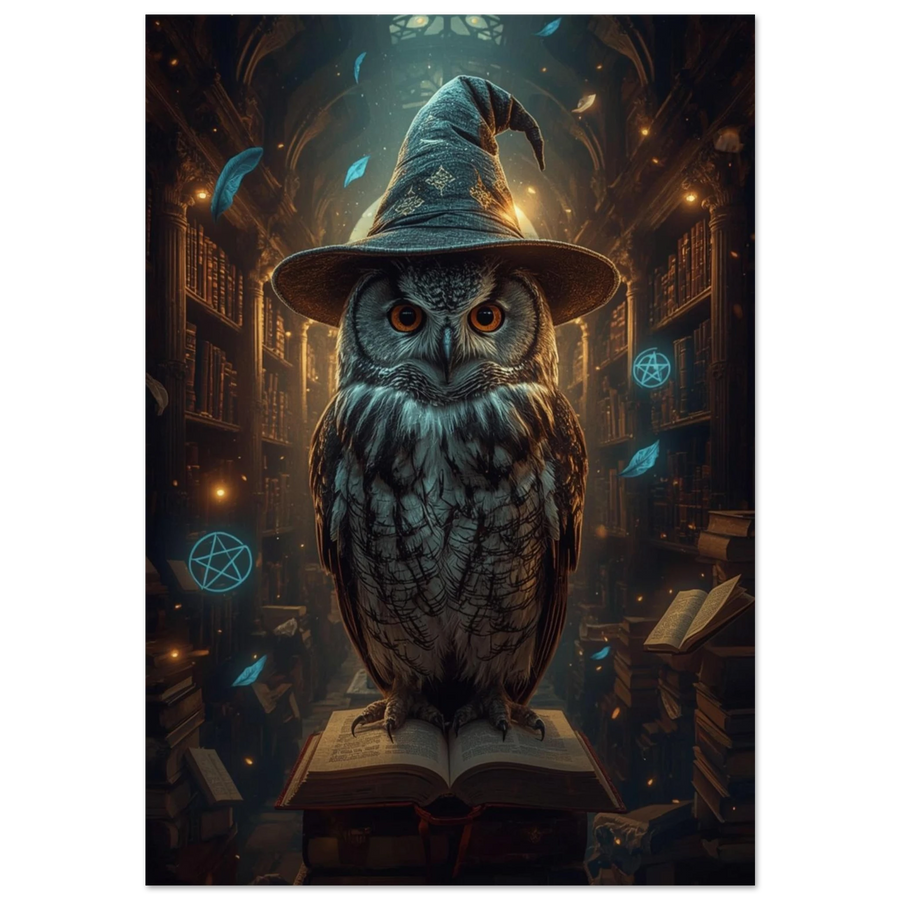 Uggla i trollkarlshatt på en bok i ett mörkt bibliotek – fantasy-poster