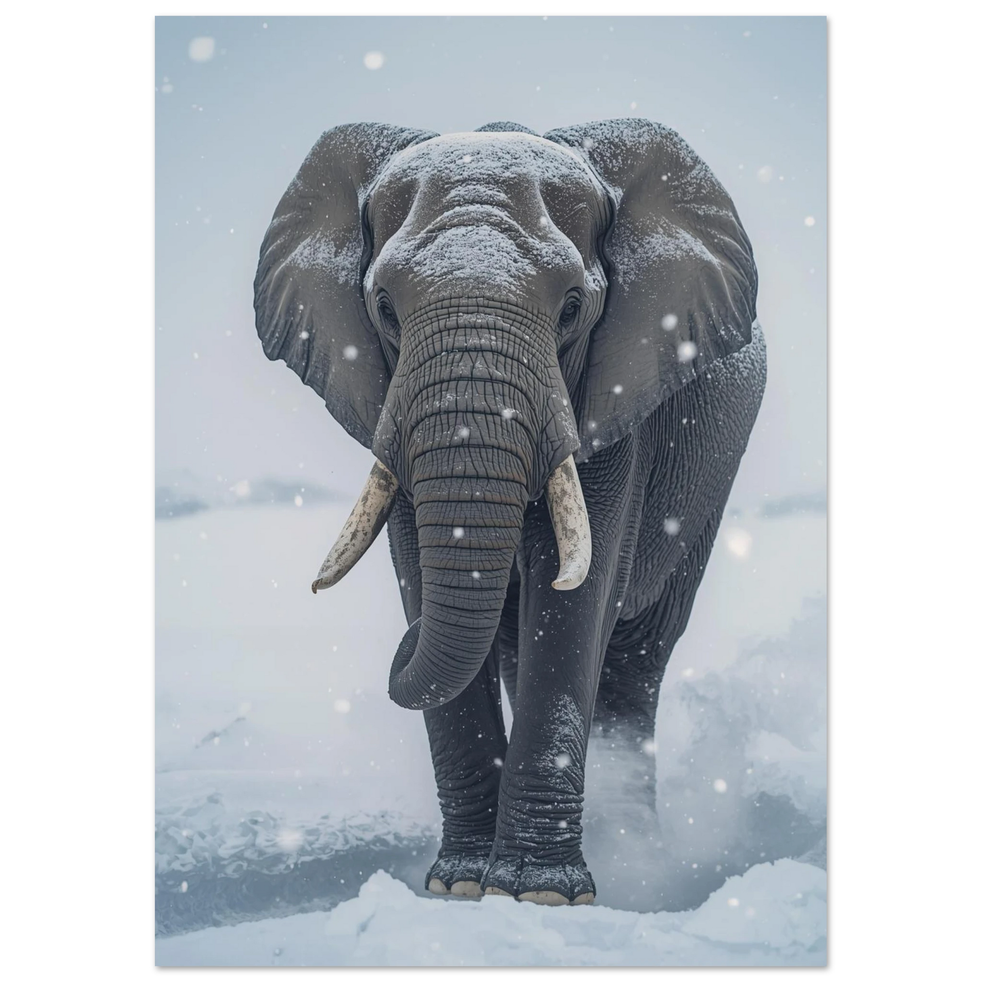 Ståtlig elefant som vandrar genom djup snö – konstnärligt fotoprint