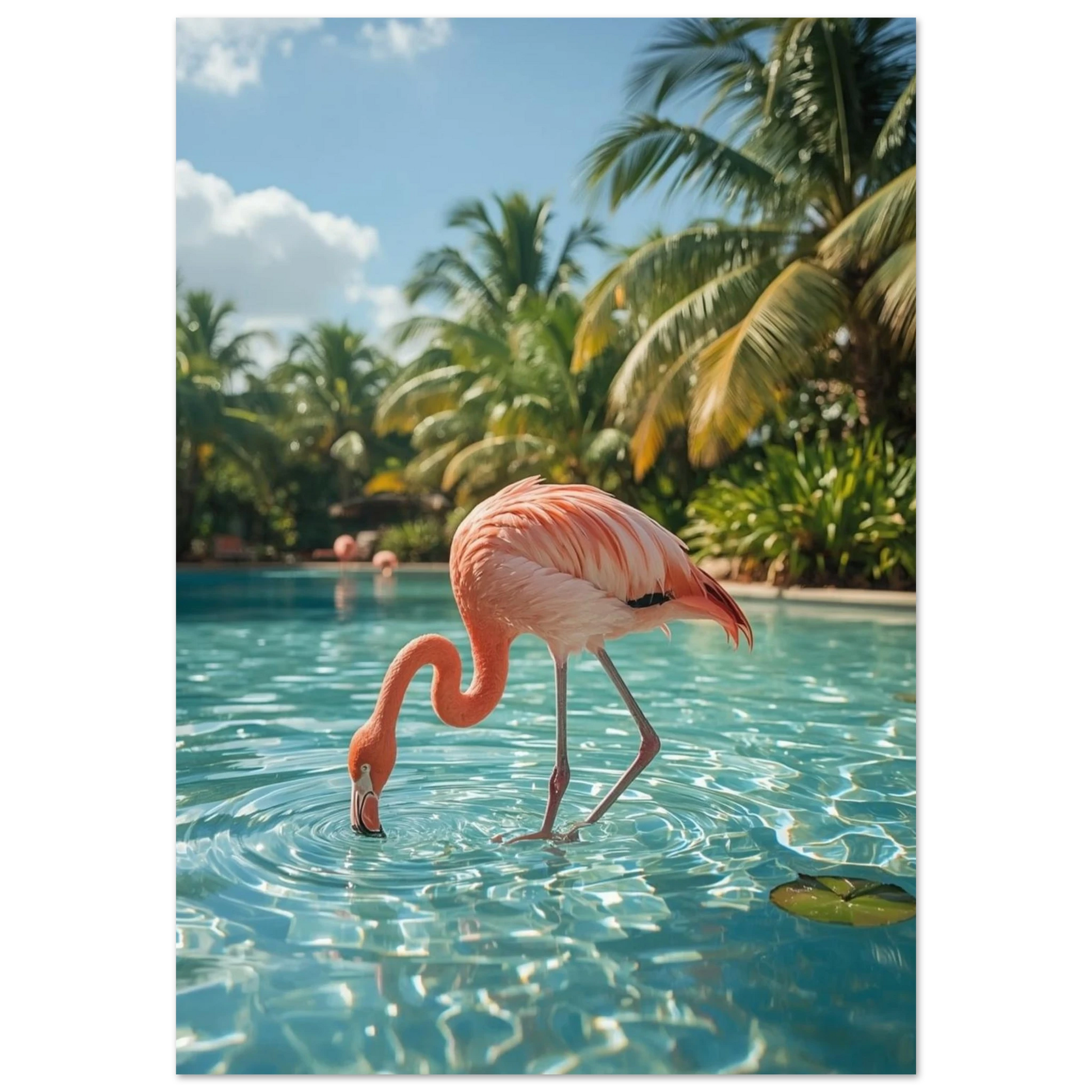 Fotorealistisk bild av en rosa flamingo i en pool – Fotorealistisk Poster