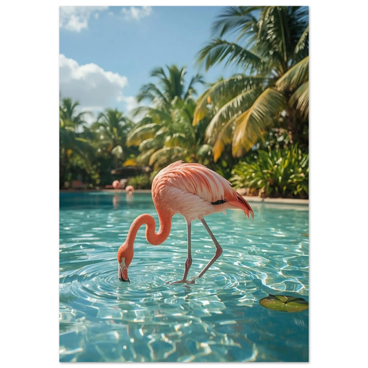 Fotorealistisk bild av en rosa flamingo i en pool – Fotorealistisk Poster