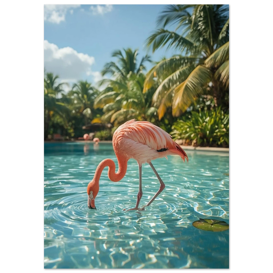 Fotorealistisk bild av en rosa flamingo i en pool – Fotorealistisk Poster