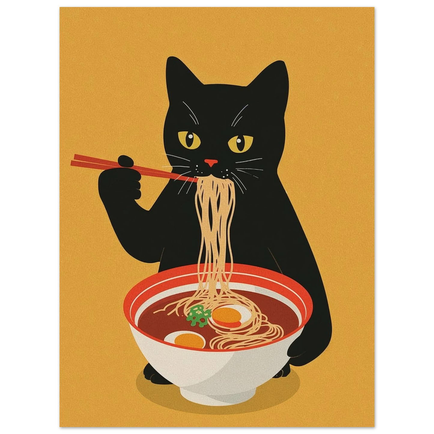 Illustration av en katt med stora gula ögon och japansk mat – Tecknad poster
