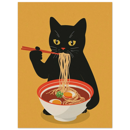 Illustration av en katt med stora gula ögon och japansk mat – Tecknad poster