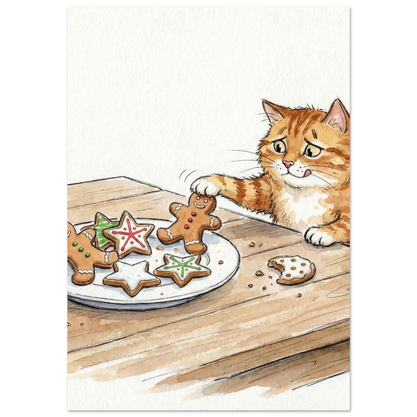 Orange katt tjuvar pepparkakor på träbord, akvarellmålning på vit bakgrund