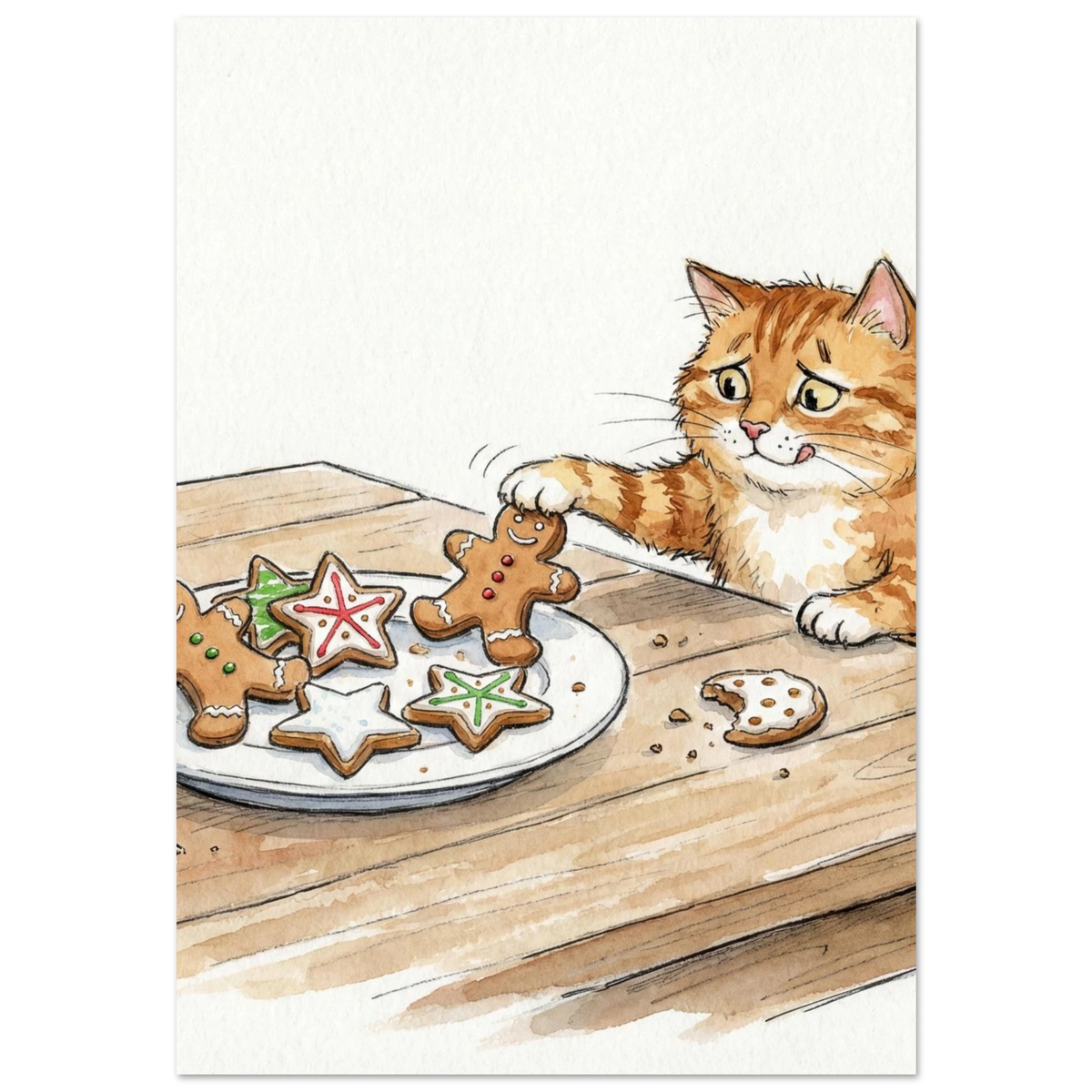 Orange katt tjuvar pepparkakor på träbord, akvarellmålning på vit bakgrund