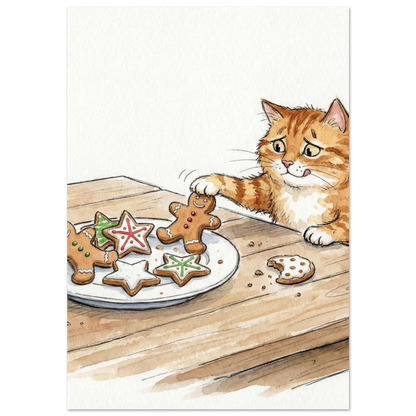 Orange katt tjuvar pepparkakor på träbord, akvarellmålning på vit bakgrund