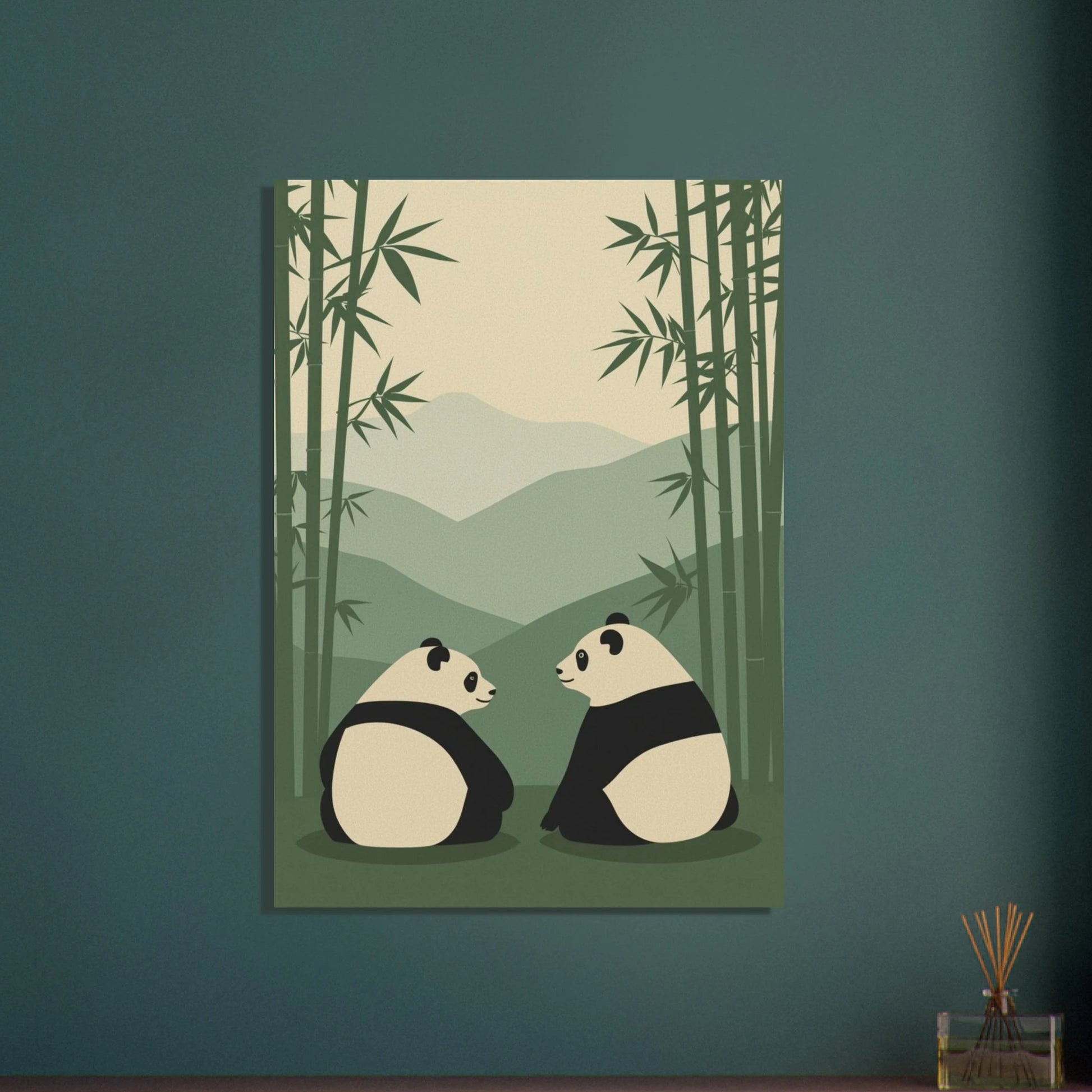 Två pandor i minimalistisk retrostil, omgivna av bambu och berg.