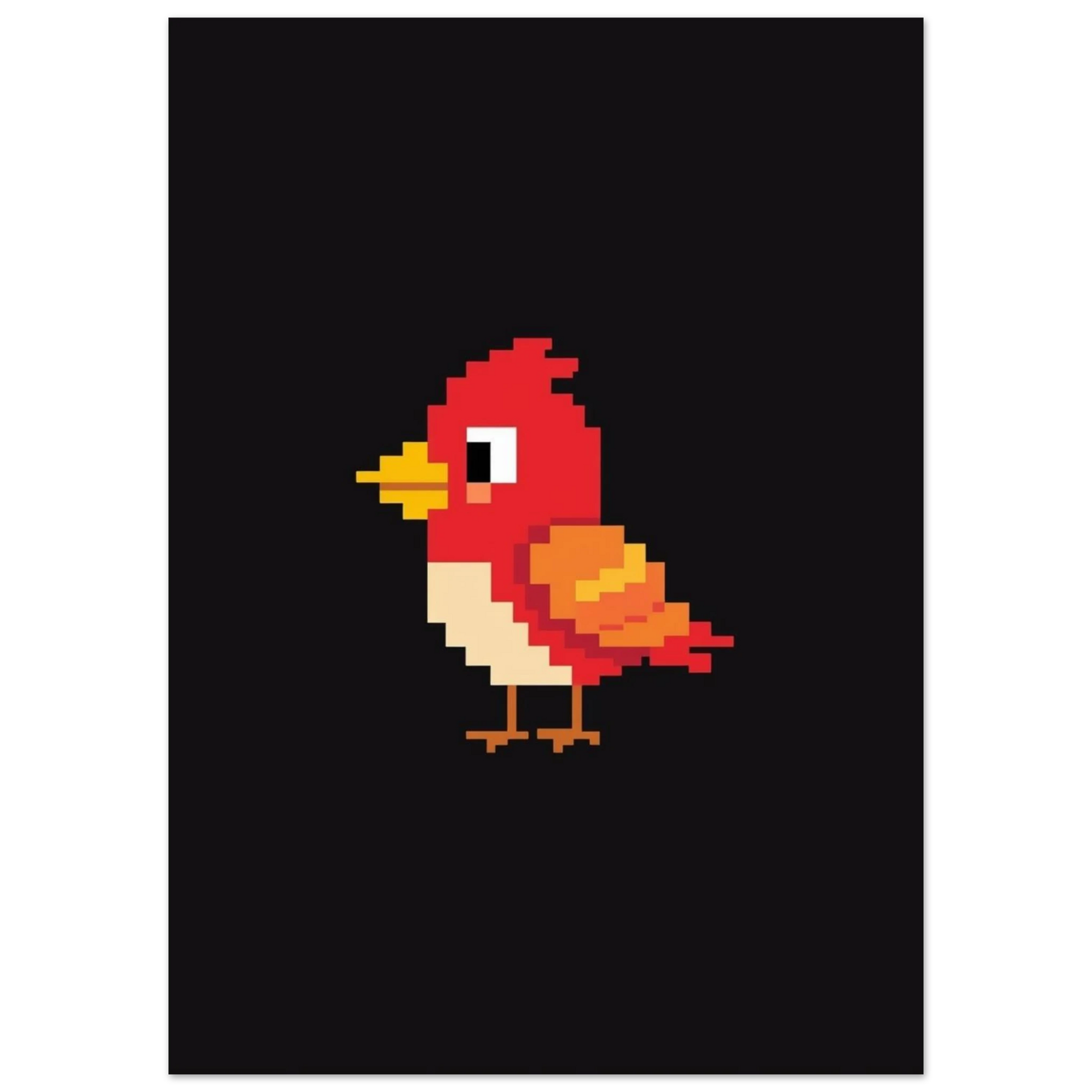 Digital illustration av en liten pixel-fågel i 8-bitars retrostil