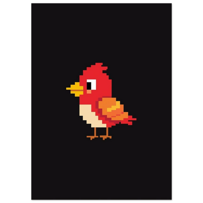 Digital illustration av en liten pixel-fågel i 8-bitars retrostil