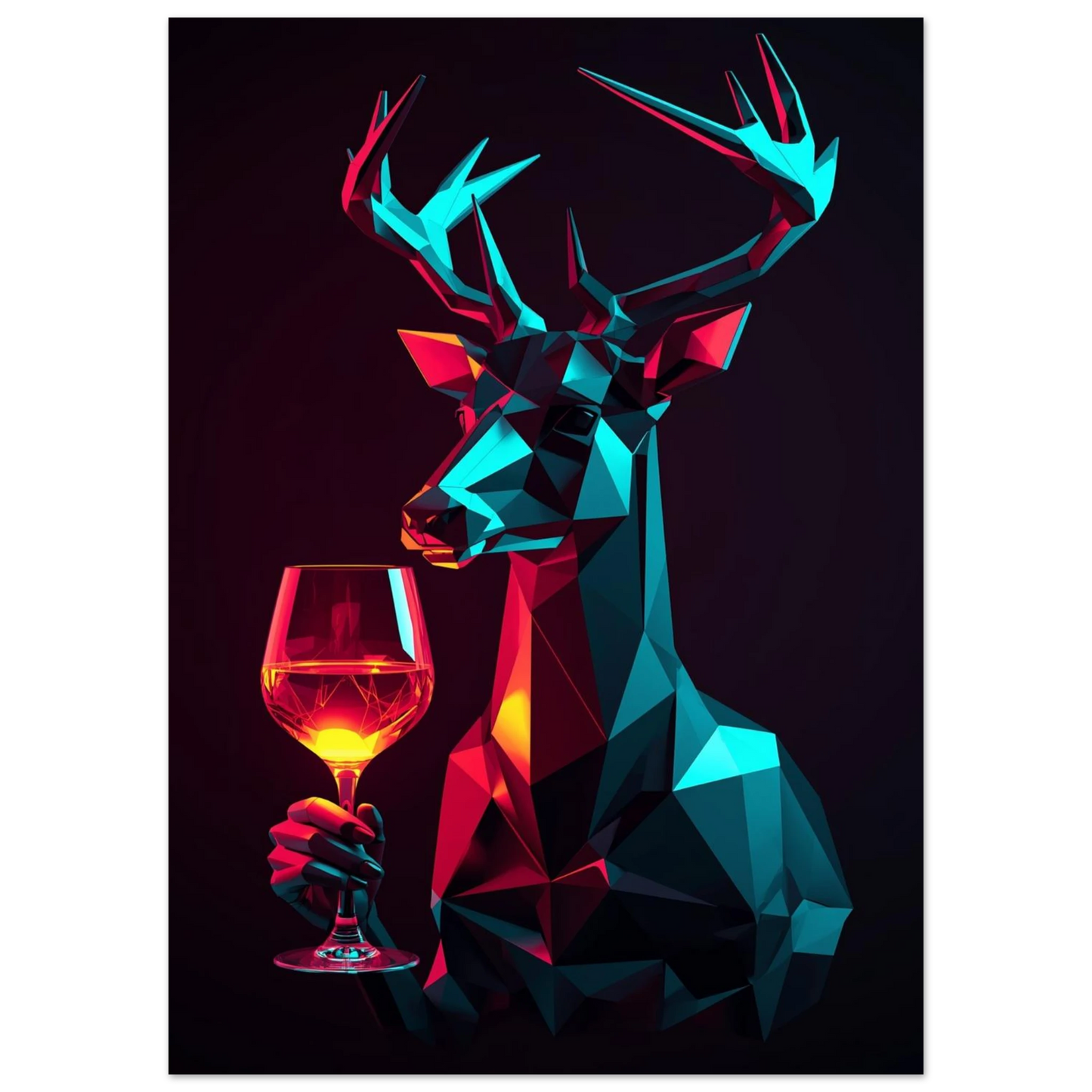 Abstrakt digital illustration av en hjort med ett glas rött vin