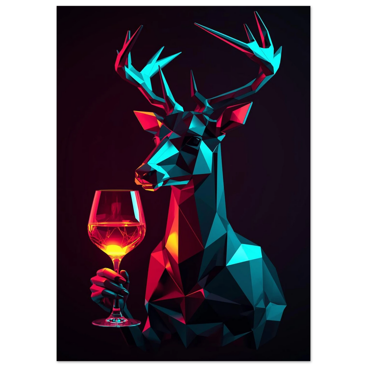 Abstrakt digital illustration av en hjort med ett glas rött vin