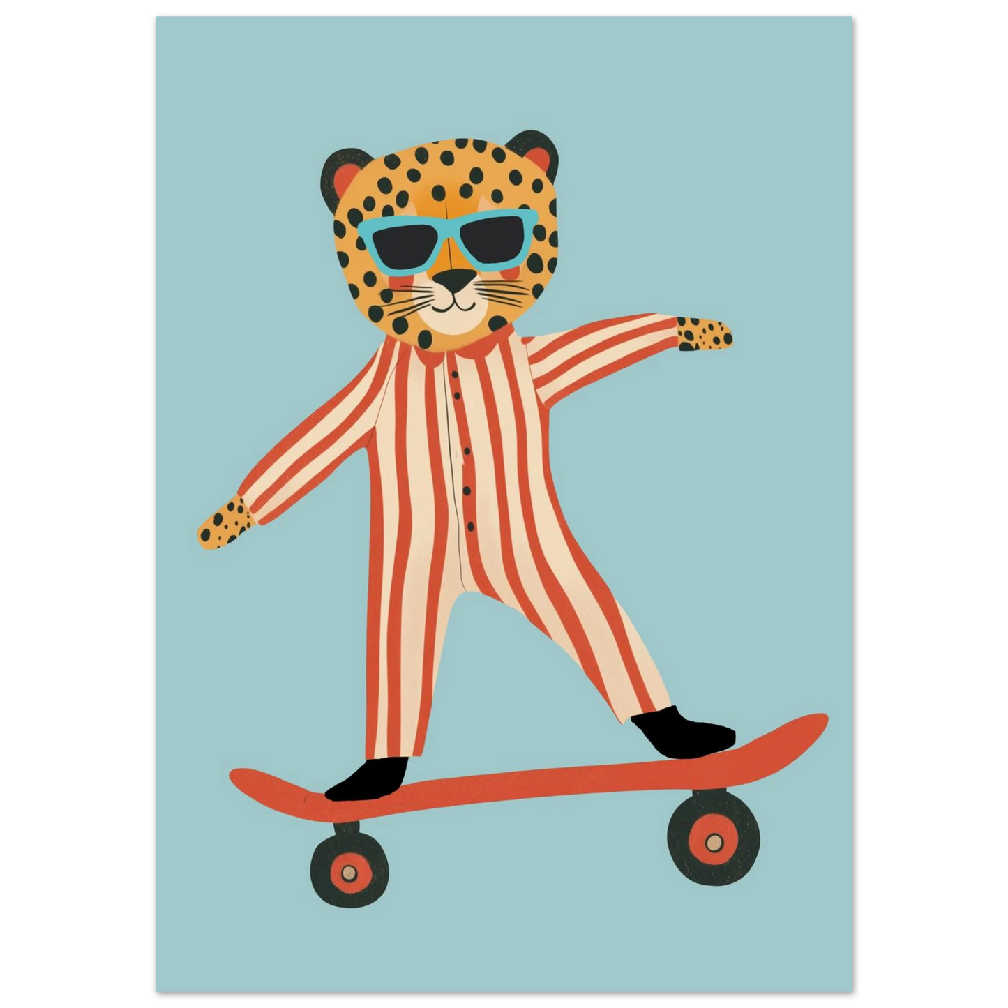 Cool leopard med blå solglasögon åker skateboard, lekfull illustration