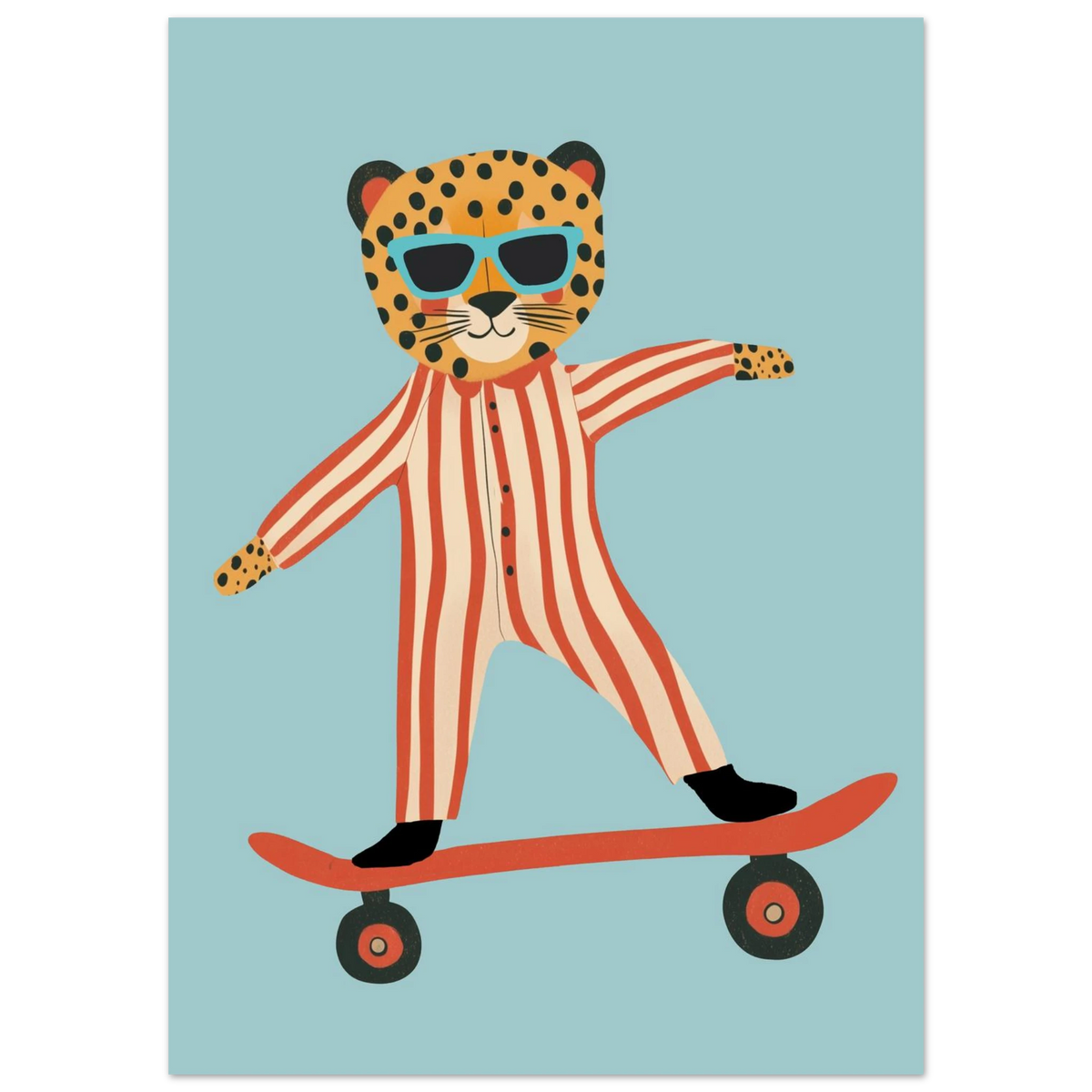 Cool leopard med blå solglasögon åker skateboard, lekfull illustration