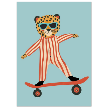 Cool leopard med blå solglasögon åker skateboard, lekfull illustration