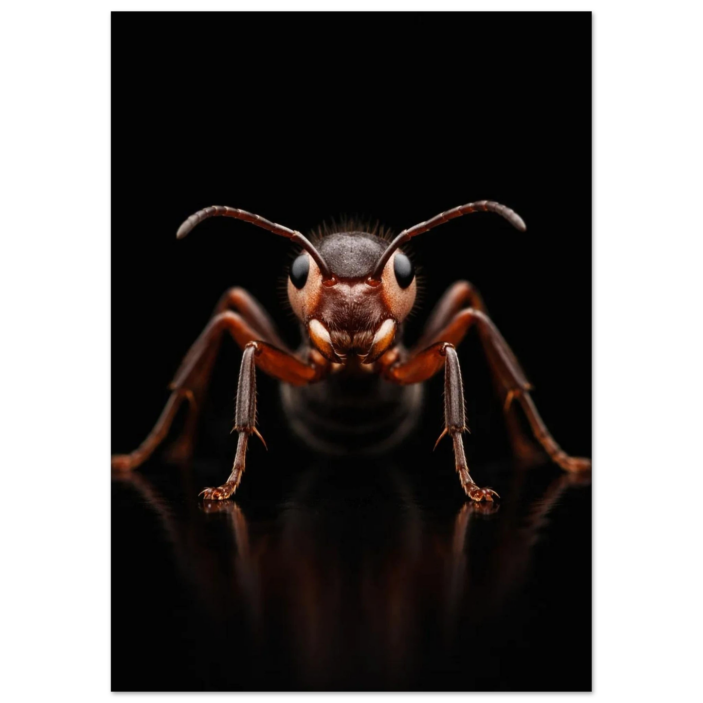 Myra med tydliga antenner och ben mot mörk bakgrund – Fotorealistisk poster