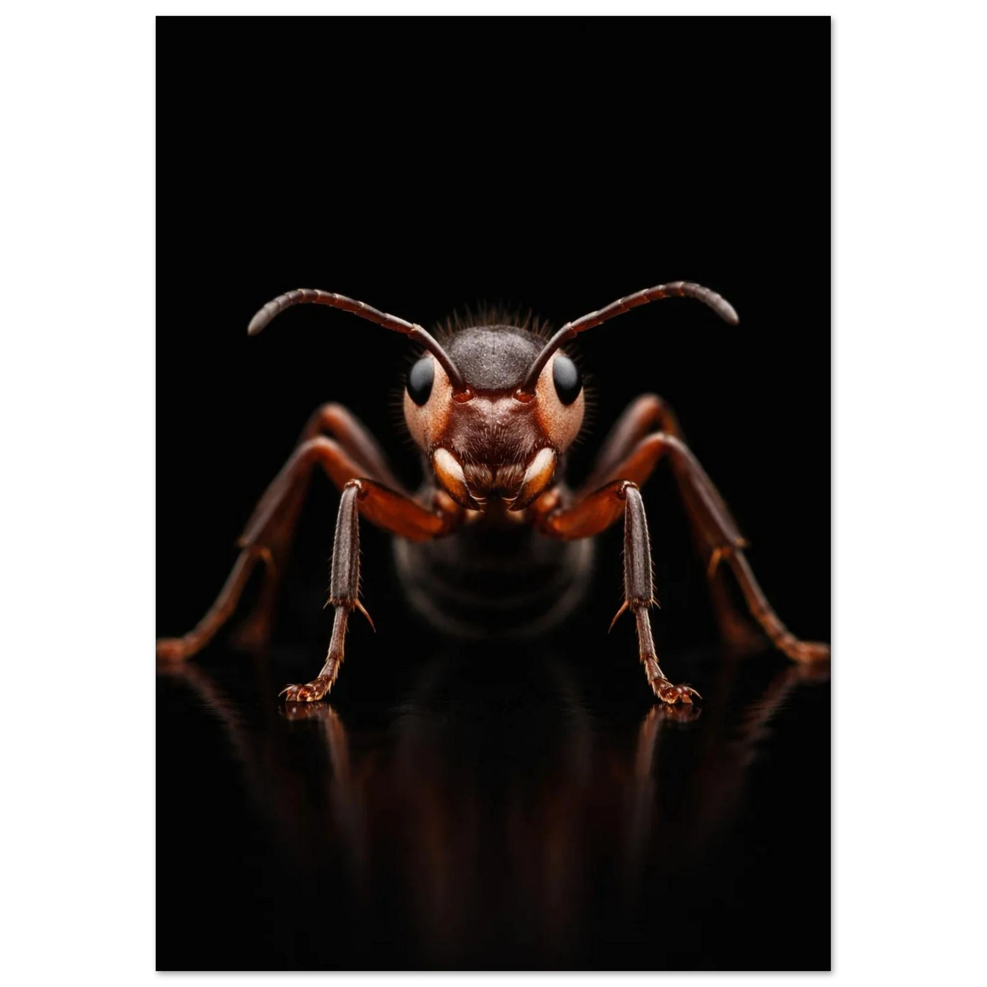 Myra med tydliga antenner och ben mot mörk bakgrund – Fotorealistisk poster