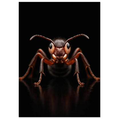 Myra med tydliga antenner och ben mot mörk bakgrund – Fotorealistisk poster