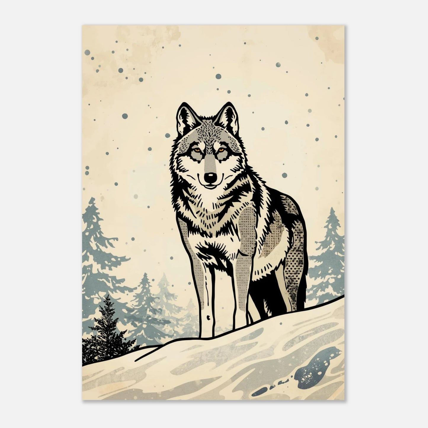 Majestätisk varg blickar framåt i en snöig skog, konstnärlig poster