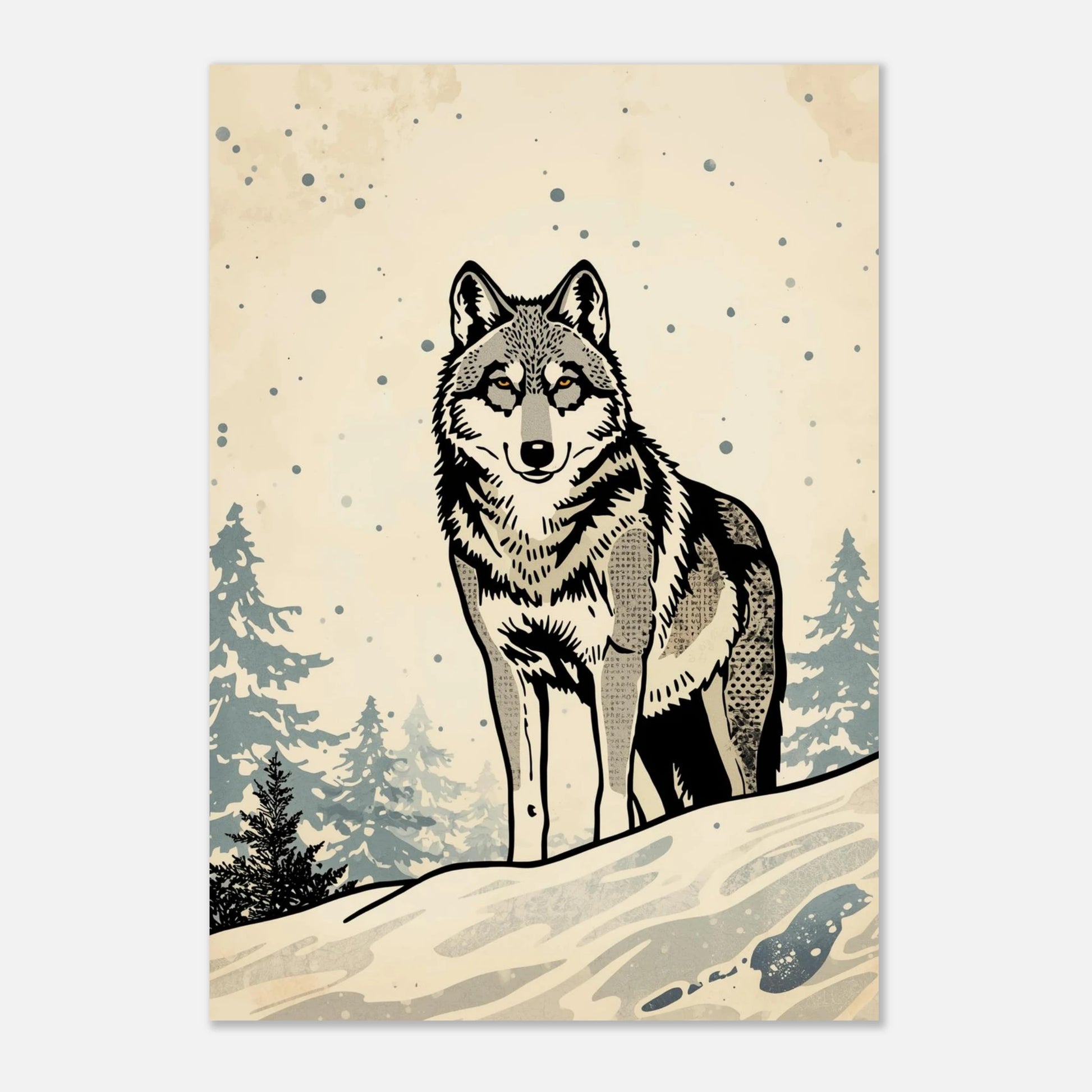 Majestätisk varg blickar framåt i en snöig skog, konstnärlig poster