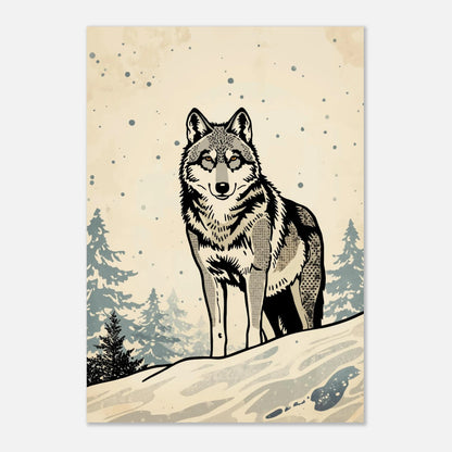 Majestätisk varg blickar framåt i en snöig skog, konstnärlig poster