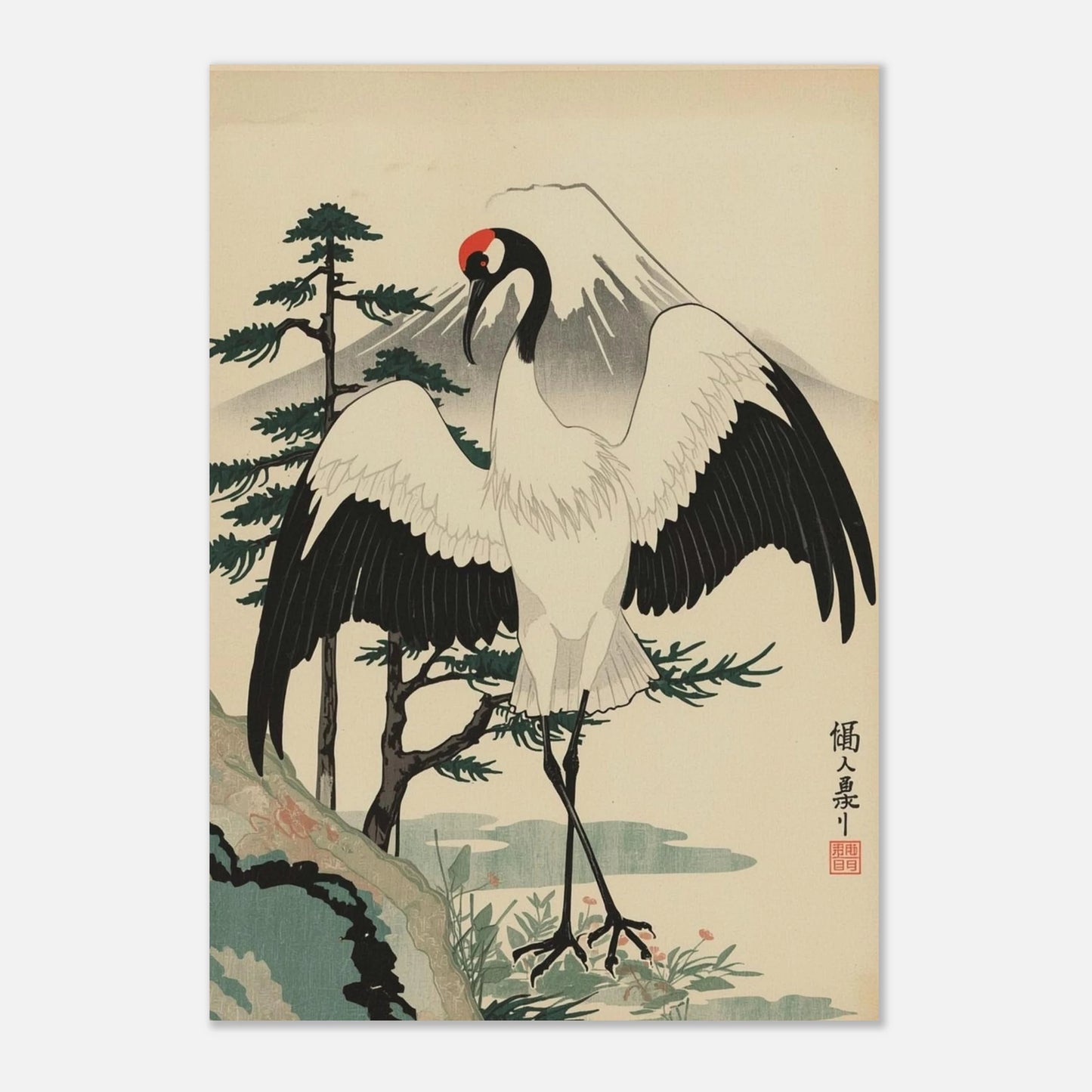 Klassiskt japanskt färgträsnitt med trana och Fuji – elegant djurposter